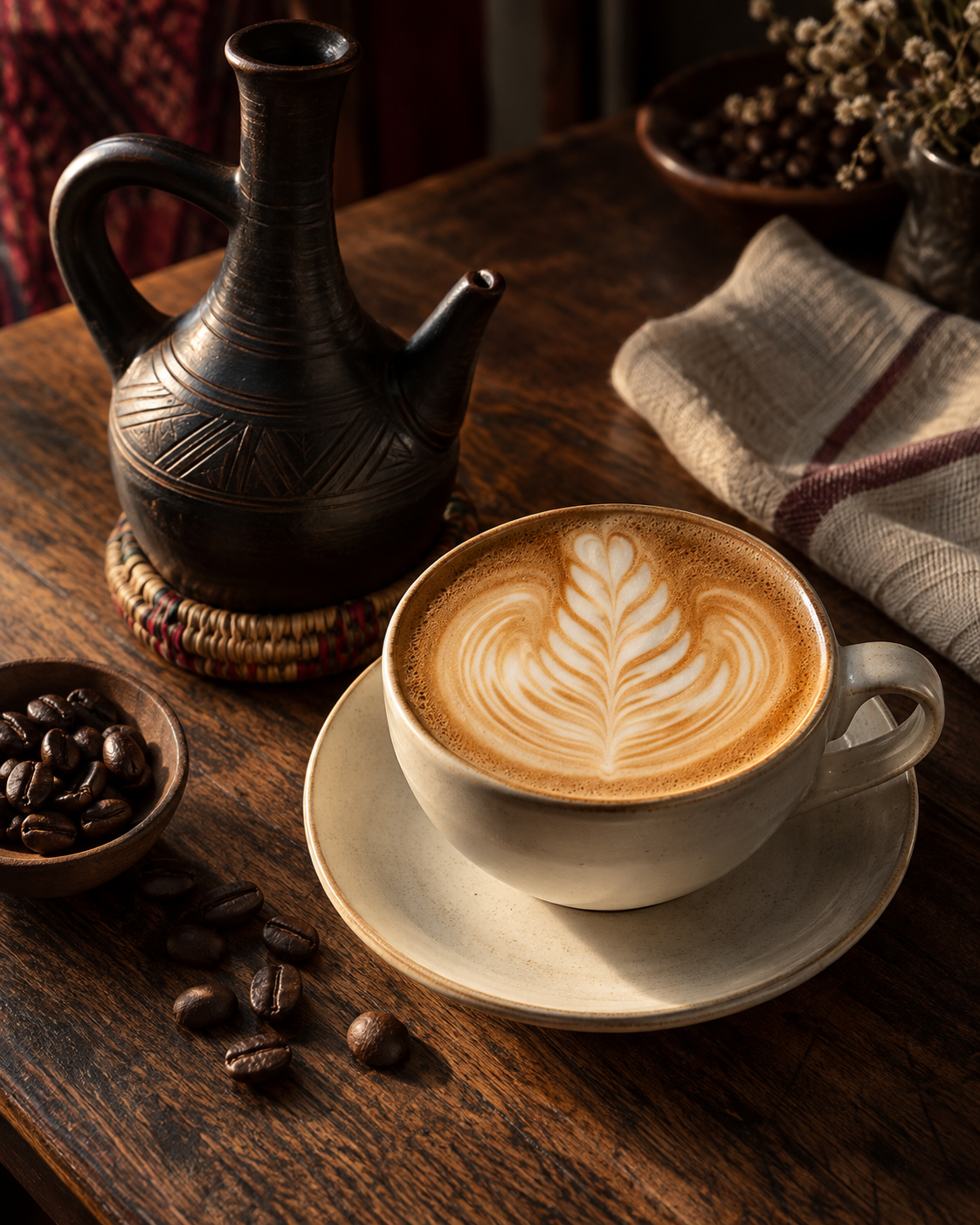 A beautifully crafted cappuccino beside a traditional Ethiopian jebena